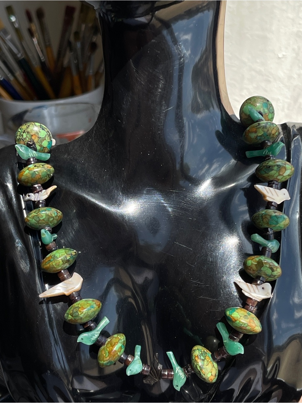Vintage Southwestern Composite Turquoise MOP Fetish Heishi Necklace 24”